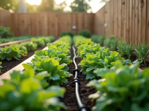 Modern Drip System Integration - Photorealistic close-up of a sleek, modern raised garden bed against a wooden fence, showing expertly integrated drip irrigation lines between vegetable rows, soft morning light, shallow depth of field