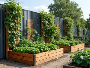 Modern Garden Privacy Screen - Tall raised bed system incorporating both growing space and privacy screening, using vertical metal panels and horizontal wood slats with climbing vines