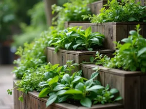 Modern Herb Spiral - Close-up of a contemporary spiral herb garden integrated into a raised bed system. Features different levels for various herbs, with brushed steel dividers and modern lighting