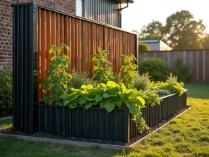 Modern Metal-Wood Raised Garden - Architectural raised garden bed with dark corrugated metal panels framed by warm cedar wood slats, filled with cascading herbs and vegetables, photographed at golden hour with soft lighting highlighting the industrial materials