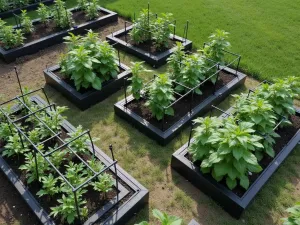 Modern Trellis Design - Aerial view of contemporary raised garden beds with sleek black metal geometric trellis patterns, supporting young pole beans and jasmine vines, minimalist garden style