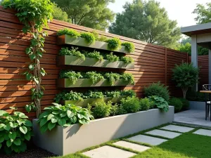 Modern Vertical Garden Wall with Raised Beds - A contemporary garden design featuring a sleek wooden fence transformed into a living wall with stainless steel pocket planters and a raised garden bed below, cascading herbs and strawberries creating a lush green tapestry, photorealistic, cinematic lighting