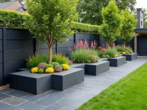 Modular Hex Garden - Modern hexagonal raised beds in dark gray composite material, arranged in a tessellating pattern along a slate fence, planted with colorful perennials, normal view