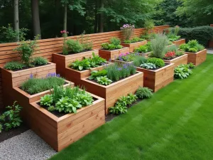 Multi-Level Garden Integration - Aerial view of an elegant multi-tiered raised garden bed system following a fence line, with integrated irrigation system visible, mix of flowering plants and vegetables, modern design with cedar wood construction, perfect arrangement perspective