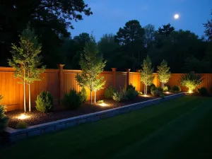 Night Garden Ambiance - Evening shot of raised garden beds along a fence with integrated landscape lighting, creating dramatic shadows and highlighting architectural plants, moonlit atmosphere