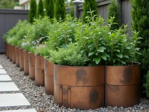 Octagonal Pattern Garden - Interlocking octagonal raised beds in weathered bronze metal, creating a sophisticated pattern along a privacy fence, planted with textural foliage plants, close-up view