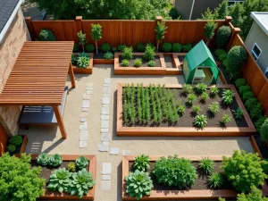 Organized Zone Garden Layout - Aerial view of a well-organized fence-line garden with distinct zones, featuring raised wooden beds, a pergola-covered seating area, and neat gravel pathways. Modern cedar planters contain vegetables and herbs, with a compact greenhouse in the corner