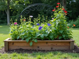 Ornamental Vegetable Display - Wide shot of raised bed with decorative black spiral trellis supporting scarlet runner beans and morning glory, combining ornamental and edible plants