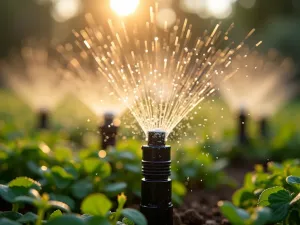 Precision Watering Setup - Detailed close-up of precision drip emitters and micro-sprayers in action within a raised bed, water droplets catching morning sunlight