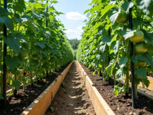 Productive Garden Wall - Wide perspective of raised bed system with integrated black wire panels supporting abundant tomato and cucumber growth, showing practical harvesting access