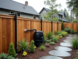 Rain Collection System - Wide angle view of a contemporary wooden fence with attached rain gutters feeding into a stylish rain barrel system, connected to raised garden beds, muted natural colors, slight overcast lighting