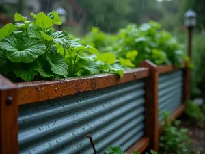 Rain-Lit Garden Structure - Moody shot of water droplets on corrugated metal panels of a raised bed, with wooden top rails glistening in the rain and vibrant green plants adding color