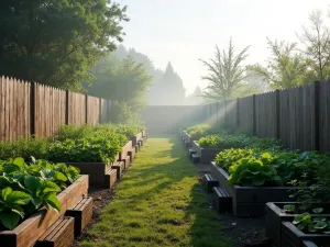 Rainfall Integration System - Wide panoramic view of multiple raised beds along privacy fence with integrated gutter system and rain chains feeding into collection tanks, misty morning atmosphere