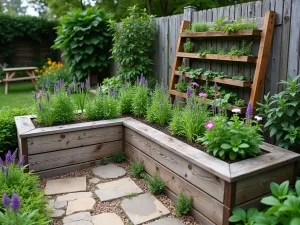 Rustic Corner Herb Haven - Wide-angle view of a weathered wood L-shaped raised bed with vertical herb garden integration, rustic ladder plant stand, and reclaimed wood seating. Cottage garden style with mixed herbs and edible flowers