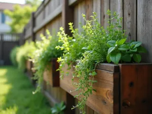 Rustic Wooden Fence Garden Integration - Close-up view of a weathered wooden fence with integrated cedar raised beds and reclaimed wood pocket planters, overflowing with cascading thyme and mint, morning light, dew drops on leaves