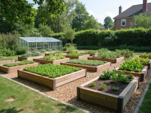 Seasonal Rotation System - Normal view of modular raised beds with clear section markers and rotating seasonal planting areas, featuring hinged cold frames and vertical growing spaces