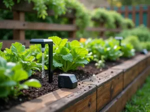 Smart Garden Technology - Close-up of modern smart garden technology integrated into a raised bed system, showing automated watering controls, soil sensors, and solar-powered lighting along the fence line, tech-forward design