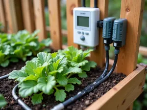 Smart Irrigation Setup - Close-up detail of an automated irrigation system integrated into raised beds, showing drip lines, moisture sensors, and a smart control panel mounted on the fence