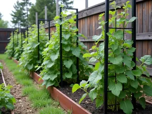 Space-Efficient Design - Side view of narrow raised beds with vertical black metal trellis system maximizing growing space, showing thriving snow peas and cardinal climber vines