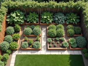 Space-Saving Solutions - Aerial view of compact raised garden beds maximizing a narrow fence line space, showing clever storage solutions and vertical growing systems, minimalist modern design