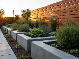 Stepped Triangle Design - Triangular concrete raised beds arranged in a stepped pattern along a modern fence, filled with drought-resistant plants, side view at sunset