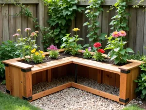 Storage Solution Corner Garden - Close-up shot of an L-shaped raised bed corner with lift-top bench seating revealing garden tool storage underneath. Cedar wood construction with metal accents, planted with colorful flowers and trailing vines