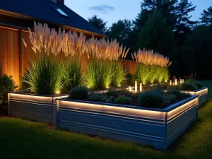 Sunset Garden Ambiance - Evening shot of raised garden beds with integrated LED lighting creating a warm glow against galvanized metal panels, with silhouettes of tall ornamental grasses