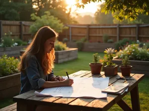 Sunset Garden Planning - A peaceful evening scene of a person sketching garden plans at a rustic outdoor table, with raised garden beds along a wooden fence in the background, soft golden sunlight filtering through, architectural drawings and garden tools scattered on the table, photorealistic style