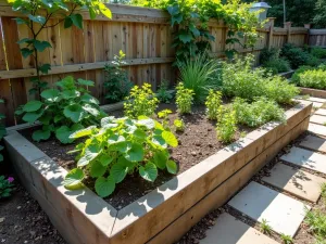 Sustainable Corner Garden - Wide angle view of an L-shaped raised bed made from recycled materials, featuring integrated composting system, rainwater collection, and reclaimed wood seating. Mixed edible and ornamental planting scheme