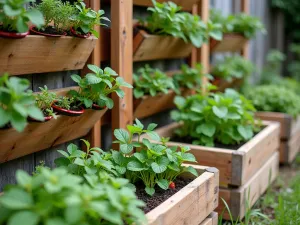 Sustainable Pallet Garden Wall - Close-up of an upcycled pallet wall mounted above cedar raised beds, featuring pocket herbs and strawberry plants, natural and eco-friendly garden design