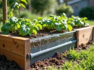 Sustainable Water Flow - Side view of a cedar raised bed showing transparent cutaway of layered irrigation system, water flowing through soaker hoses, natural lighting with educational diagram overlay