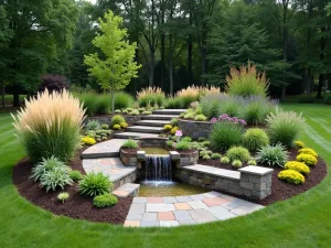 Tiered Corner Garden Oasis - Wide shot of a multi-level L-shaped raised bed with cascading design, incorporating small water feature and built-in storage bench. Mixed ornamental grasses and flowering perennials