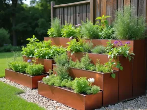 Tiered Modern Garden Beds - Side view of stepped raised beds with different heights, combining copper-toned metal panels and reclaimed wood, planted with cascading herbs and flowers