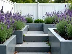 Tiered Rectangle Gardens - Contemporary multi-level rectangular raised beds in weathered steel against a white fence, planted with purple sage and lavender, creating a striking geometric pattern, close-up perspective