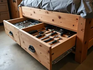 Tool Storage Solutions - Detailed view of an innovative tool storage system built into raised bed end caps, featuring pull-out tool organizers and hidden compartments with copper accents