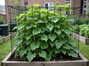 Urban Garden Solution - Aerial perspective of compact raised bed system with black grid trellis panels, showing vertical growth of cucamelons and climbing spinach in urban setting