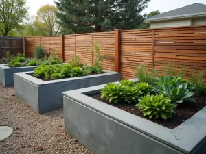 Urban Geometric Garden Design - Wide-angle view of multiple connected raised beds featuring alternating corrugated metal and horizontal cedar slats, creating a geometric pattern along a modern concrete fence