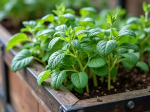 Urban Herb Garden Close-up - Detailed view of herbs growing in a contemporary metal-wood raised bed, showing the contrast between industrial materials and lush organic growth