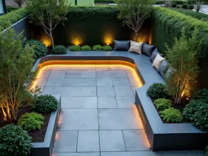 Urban Modern Corner Garden - Aerial view of a sleek, metal-edged L-shaped raised bed with integrated LED lighting, contemporary bench design, and geometric planting patterns. Urban garden style with sculptural plants