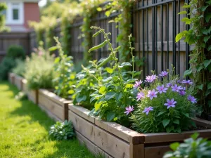 Vertical Garden Trellis Integration - Photorealistic view of a wooden raised garden bed along a fence with black metal trellis grid, showcasing climbing peas and purple clematis in full bloom, soft morning light, garden photography style