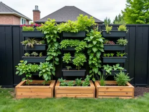 Vertical Growing Wall - Normal view of a vertical growing wall integrated with raised beds, featuring hanging planters, trellises, and a built-in irrigation system. Modern black fence background