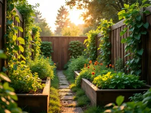 Vertical Integration Success - Wide angle shot of a thriving raised garden bed system with vertical growing elements integrated into the fence, showing climbing vegetables and flowers, golden hour lighting, cottage garden style