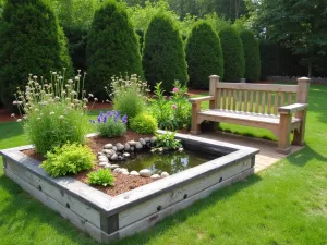 Wildlife Friendly Corner Garden - Natural style L-shaped raised bed with integrated butterfly and bee-friendly plants, featuring native species and small wildlife pond. Rustic bench with built-in bird feeder storage