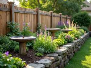 Wildlife-Friendly Design - Natural-style raised garden bed along a fence incorporating bird baths, butterfly-friendly plants, and beneficial insect habitats, morning light, wildlife garden approach