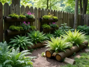 Woodland Edge Vertical Garden - Natural setting with raised log beds against a rustic fence, featuring native ferns, moss gardens, and woodland flowers in vertical pocket planters, dappled sunlight effect