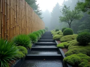 Zen Cascade Garden - Eye-level view of black composite stepped beds against bamboo fence, featuring Japanese forest grass, dwarf conifers, and moss gardens, morning mist atmosphere