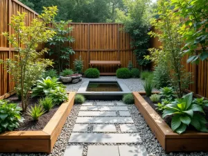 Zen Relaxation Corner - Close-up of a peaceful garden corner featuring raised beds with bamboo screens, a meditation bench, and calming water feature integrated into the planting system