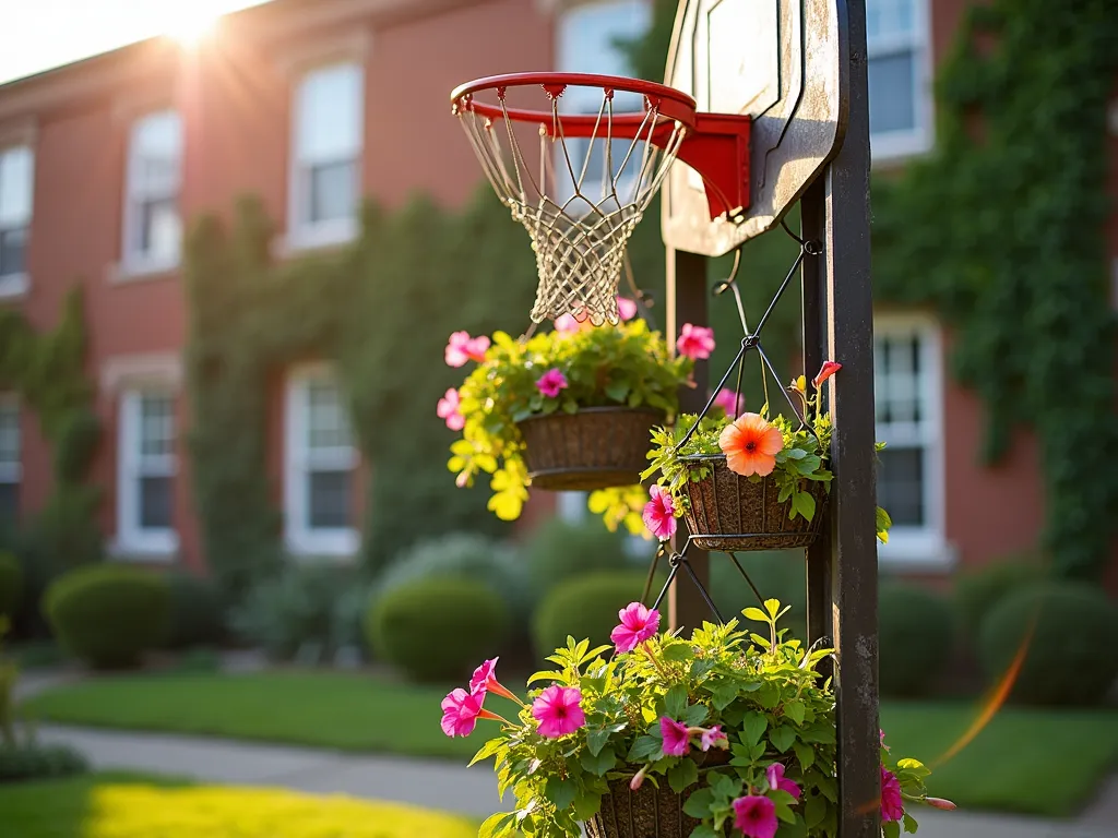 Basketball Hoop Garden Transformation - A creative repurposed basketball hoop in a sunny school garden, photographed during golden hour. The metal hoop frame, stripped of its backboard, elegantly supports cascading hanging baskets filled with vibrant petunias, ivy, and fuchsias. Captured from a slight low angle to emphasize the vertical garden's height, with soft sunlight filtering through the plants. The backdrop shows a well-maintained brick school building with climbing vines. Natural bokeh effect creates depth, while colorful blooms spill dramatically from vintage-style wire baskets attached at different heights to the hoop structure. Shot with warm, natural lighting highlighting the metallic frame and creating a magical garden atmosphere. DSLR shot, f/8, ISO 100, 1/125s, wide-angle lens capturing the full vertical composition.