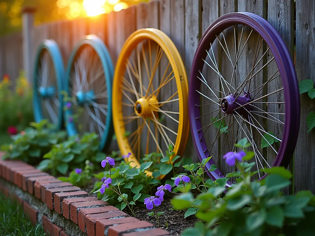 Colorful Bicycle Wheel Garden Trellis at Sunset - A magical twilight garden scene featuring three vintage bicycle wheels mounted vertically as trellises, photographed with a 16-35mm lens at f/2.8, ISO 400. The wheels are painted in whimsical colors - turquoise, yellow, and purple - and arranged in an overlapping artistic pattern against a rustic wooden fence. Purple clematis and scarlet runner beans gracefully wind through the spokes, creating a living tapestry. Golden hour sunlight filters through the wheels, casting geometric shadows on the ground. The surrounding garden bed features companion plants with weathered brick edging. A soft bokeh effect highlights the delicate tendrils reaching through the wheel spokes, while the background shows blurred garden foliage in warm sunset hues. Shot from a slight low angle to emphasize the vertical structure and create depth.