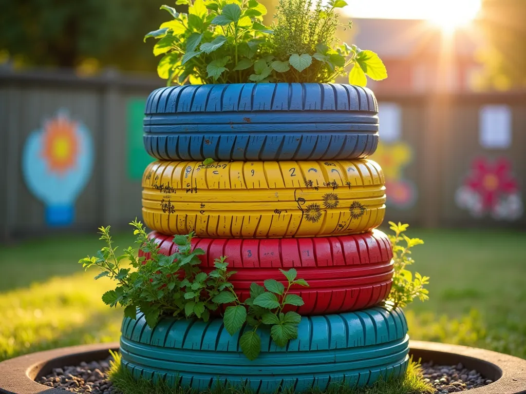 Colorful Tire Tower Herb Garden in School Yard - A close-up shot of a creative vertical herb garden made from recycled tires, photographed during golden hour. Five painted tires are stacked horizontally, each painted in vibrant primary colors (red, yellow, blue) with educational motifs like numbers and botanical illustrations. Each tier bursts with different herbs - basil, thyme, mint, and sage cascading over the edges. The lowest tire is painted grass-green and sits on a neat gravel base. Soft sunlight filters through the herbs, creating gentle shadows on the tire surfaces. The background shows a blurred school garden with children's artwork and educational signage. Professional DSLR photo with pristine clarity, natural lighting, and perfect depth of field capturing both structural detail and plant texture.